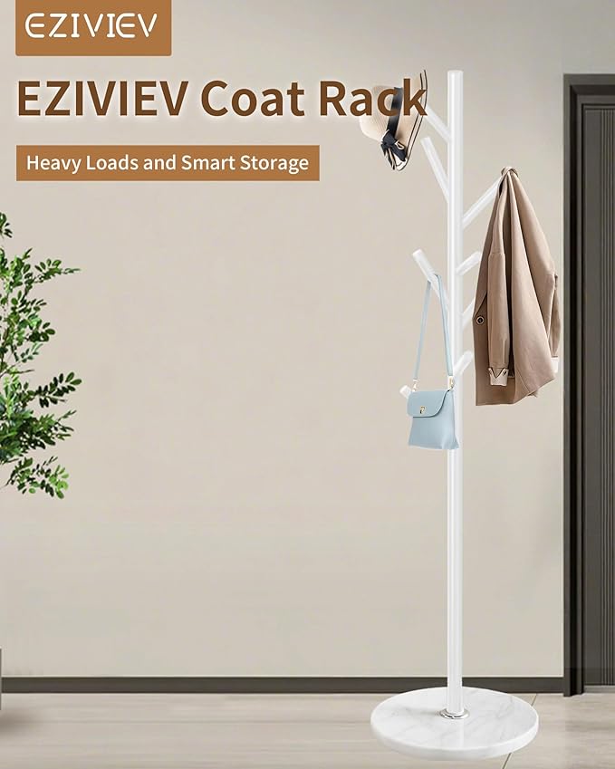Modern Coat Rack Stand, Metal Freestanding Coat Rack with Natural Marble Base, White Coat Racks with 8 Hooks and Coat Hanger Tree Jacket Stand for Office, Entryway, Hallway