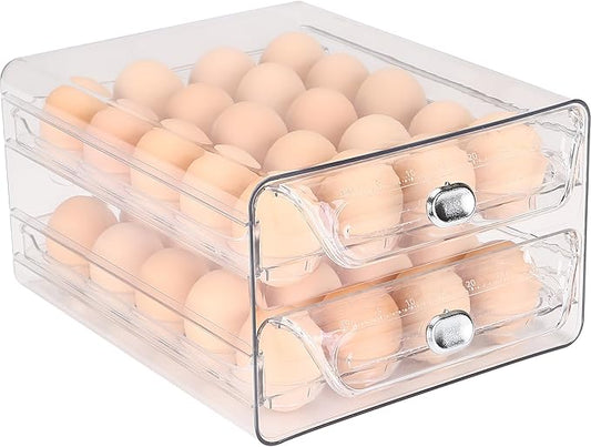 Sea Team Clear Plastic Egg Holder for Fridge, Stackable Refrigerator Egg Container with 2 Removable Trays, Dispenser for Kitchen Storage and Organizer