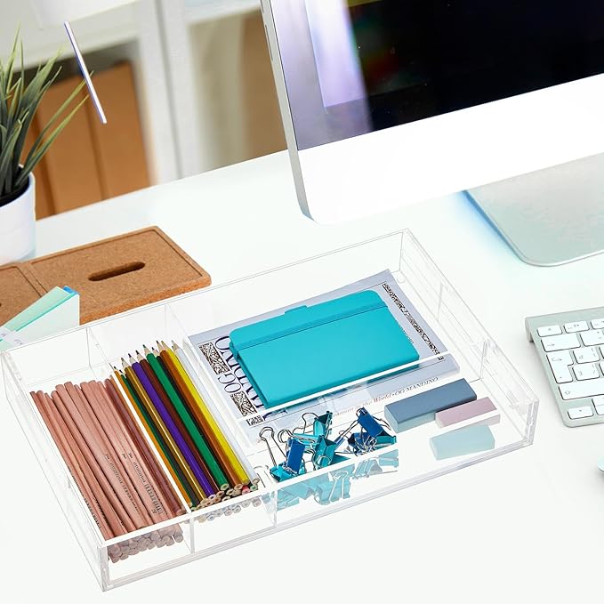 Briwooody 1 Pcs Acrylic Drawer Organizer 9'' up to 18'' x 15'' x 2'' Expandable Drawer Organizer Pens Notebook Ruler Makeup Tray with 7 Adjustable Compartments for Desk Office Kitchen Bathroom(Clear)