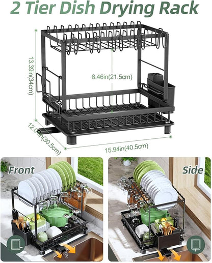 Nfnoyp Dish Drying Rack, 2 Tier Space-Saving Dish Rack, Multifunctional Dish Drainer for Kitchen Counter with Drainboard/Utensil/Cup Holder Rustproof Carbon Steel, Black