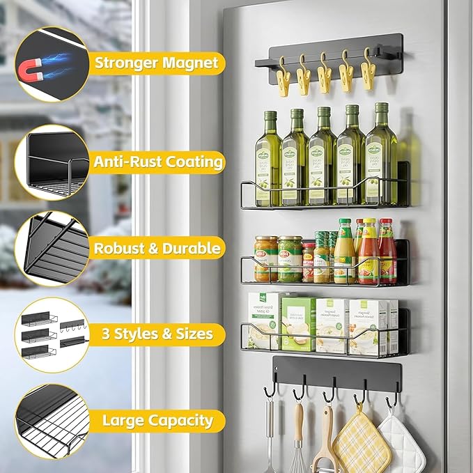 5 Pack Magnetic Shelves for Washing Machine & Refrigerator, Heavy-Duty Metal Magnetic Laundry Organizer with Hooks, Space-Saving Storage Baskets for Laundry Room, Kitchen & Closet (Black)