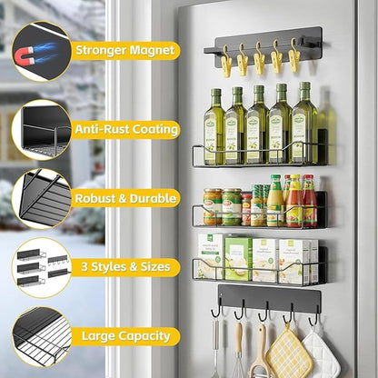 5 Pack Magnetic Shelves for Washing Machine & Refrigerator, Heavy-Duty Metal Magnetic Laundry Organizer with Hooks, Space-Saving Storage Baskets for Laundry Room, Kitchen & Closet (Black)