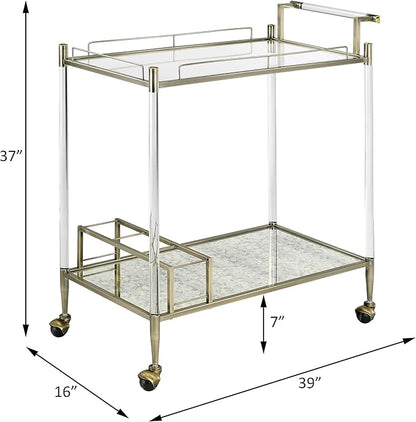 Cirro Glass Bar Cart with Antique Mirror, 2-Tier Serving Cart with Wire Brass Finish Frame, 39x16x37 Inch, Rolling Wheels
