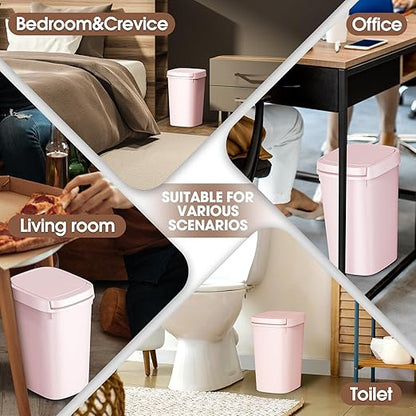 CEROELDA 3 Pack Bathroom Trash Can with Lid, 10L/2.6 Gal Small Garbage Can with Press Top Lid, Slim Plastic Waste Basket for Toilet, Office, Bedroom (Pink)