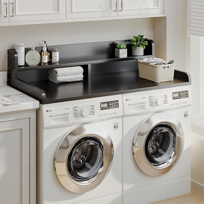 2-Tier Washer Dryer Countertop with 2.75"H Edge Rails, 54" W x 27.55" D Laundry Countertop for Folding Clothes, Washer and Dryer Topper with Non-Slip Pad (Black)