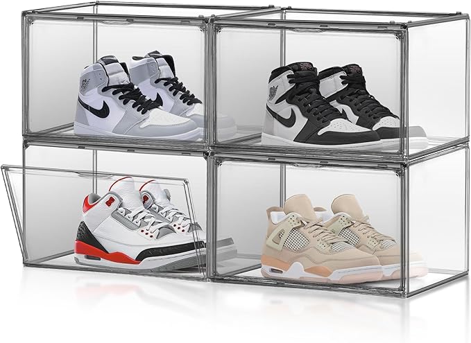 EZJOB 4 Pack Pure Organizer for Closet, Acrylic Shoe Box Size 14, Clear Display Case Handbag Organizer Shoe Box with Lid