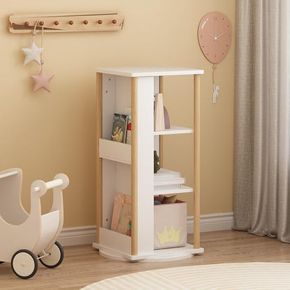 Kids Rotating Bookshelf, 360° Spinning Bookcase with Chalkboard, 3 Tier Wooden Toy Storage Shelf & Picture Book Organizer for Toddlers Nursery Playroom Bedroom, White & Natural
