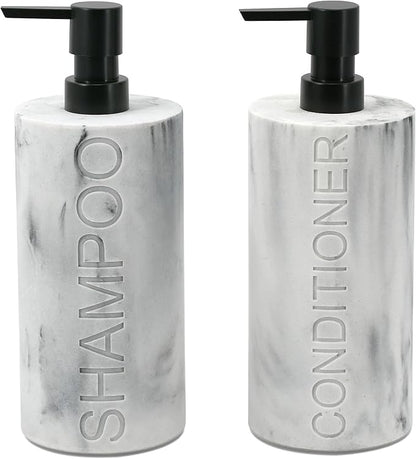 Indecor Home Marble Resin 2 Piece Shampoo and Conditioner Dispenser Set, Luxurious Refillable Pump Bottles with Matte Pump Top and Embossed Text, Durable Design for Bathroom and Shower