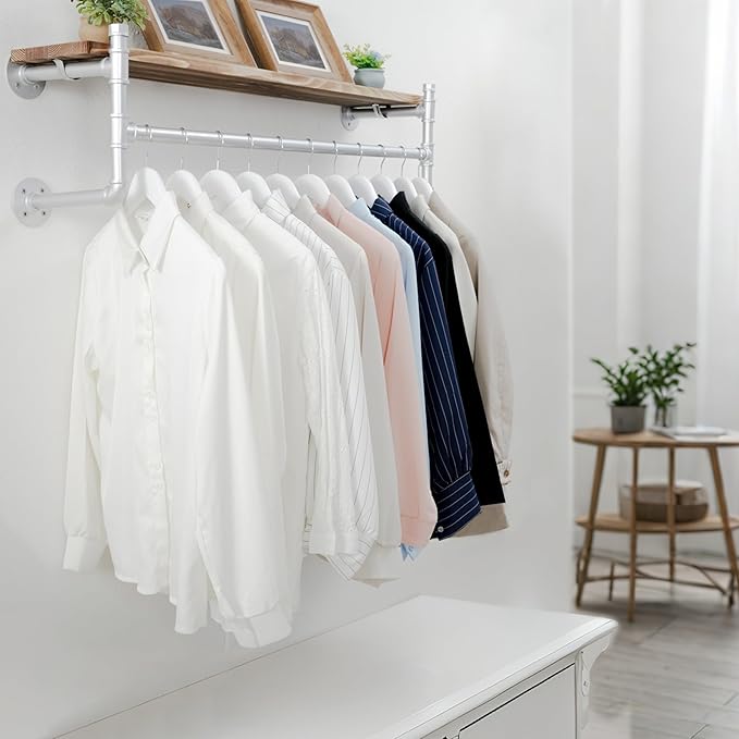 WEBI Wall Mounted Clothes Rack with Shelf,41.3" Industrial Pipe Clothing Rack with Shelf with Hanging Rod,Heavy Duty Iron Garment Rack Bar,Retail Display Clothes Rod for Laundry Room,Closet,Silver
