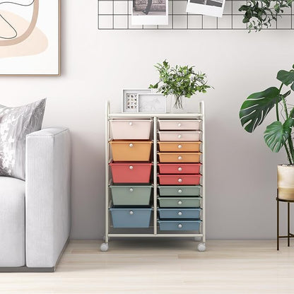 HAPPYGRILL 15-Drawer Rolling Cart, Storage Carts with Removable Drawers & Steel Frame, Utility Cart on Lockable Wheels for Home, School, Office, Macaroon