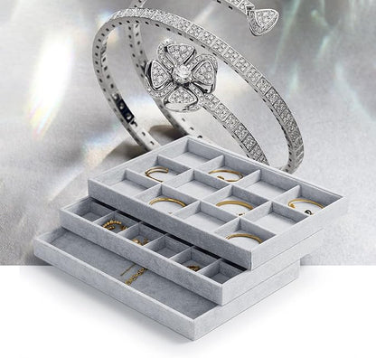 Oirlv Velvet Stackable Jewelry Display Trays 12 Grids Rings Earrings Bracelet Organizer Storage Tray(13.8"x1.29"x9.4")