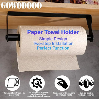Black Paper Towel Holder Under Cabinet,Wall Mount Self Adhesive Paper Towel Rack for Kitchen,Stainless Steel hanging Paper Towel Rolls Holder,No more worrying about the paper roll falling off