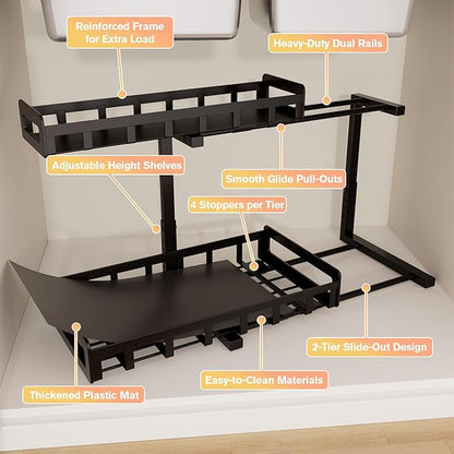 Under Sink Organizer, Metal Large Capacity 2-Tier Sliding Cabinet Storage Rack, Heavy-Duty Rust-Resistant Steel Frame, Holds 50 lbs, Adjustable Height 12–16", 14"D x 11"W for Kitchen & Bathroom, Black