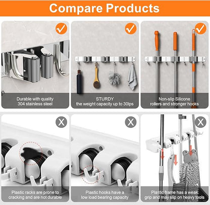 Mop and Broom Holder Wall Mount, Upgraded Broom Organizer Wall Mount, Stainless Steel Broom Hanger Wall Mount for Home Kitchen Garden Laundry Garage (4 Racks with 5 Hooks Silver)