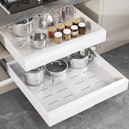 Seinloes 1 Pack Pull Out Cabinet Organizer 22" Deep,Full Extension 3 Slide Rails Slide Out Drawers With Raising Pad for Framed Cabinets,Expandable Width (12.3"-20.5"),No Drill Roll Out shelf,White