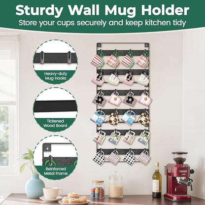 EsLuker.ly Mug Holder Hanger Rack Wall Mounted Wooden 3 Pack Coffee Cup Storage Organizer Display Shelf with 24 Removable Plastic Hooks, Ideal for Mug Collectors, Black