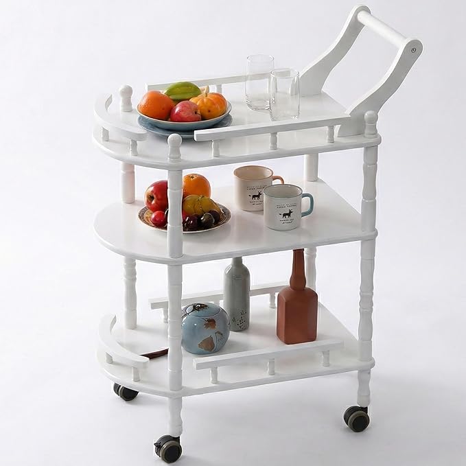 Entertainment Kitchen Cart, Midcentury Modern Imported rubberwood White Finished Wood 3-Tier Mobile Bar Cart Serving Cart