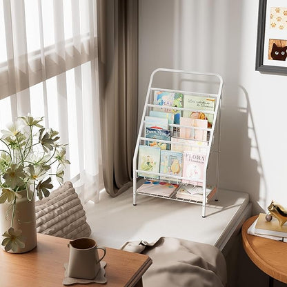 JAQ White Kids Bookshelf, 4-Tier Metal Book Display Rack for Small Spaces, Modern Toddler Bookshelf for Nursery & Playroom, Space-Saving Forward Facing Child Bookcase (28.35" Height, White)