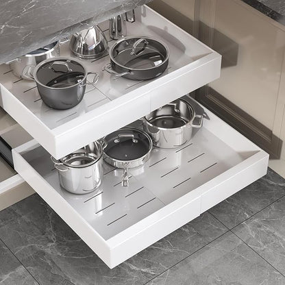 Seinloes 2 Pack Pull Out Cabinet Organizer 19" Deep,Full Extension 3 Slide Rails Slide Out Drawers With Raising Pad for Framed Cabinets,Expandable Width (12.3"-20.5"),No Drill Roll Out shelf,White