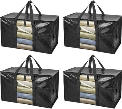 BALEINE 4-Pack Oversized Moving Bags with Reinforced Handles, Heavy-Duty Storage Tote Moving Supplies for Packaging, Camping (Black w/Window, 4-Pack)