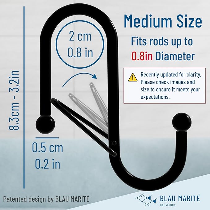 Blau Marité 10-Pack Metal S Hooks for Hanging – Heavy-Duty S-Shaped Hook with Safety Buckle – Fits Bars up to 0.8 in – Anti-Drop S-Hooks for Kitchen, Bathroom, Closet & Pot Racks – Black (Medium)