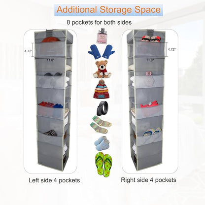 2 Pack Large-Sized Hanging Shoe Organizer 10-Shelf, Sturdy Hanging Closet Organizer with 8 Side Pockets, Wider Hanging Shelves for Storage Shoes Clothes Jeans Shirts Toys, Grey.