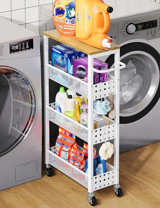 Slim Rolling Storage Cart, Laundry Room Organization and Storage Shelves for Between Washer and Dryer, Narrow Shelf Unit for Small Spaces, 4 Tier Thin Organizer Carts with Wheels for Bathroom, Kitchen