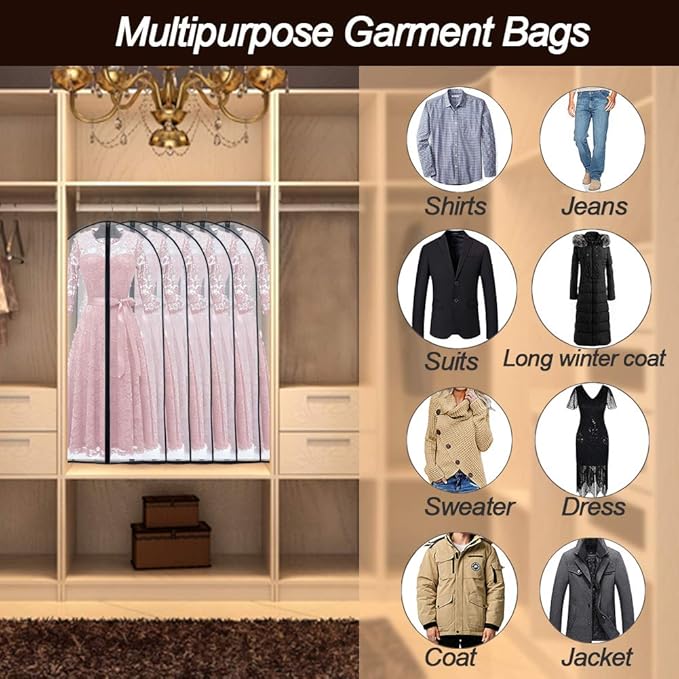 Suit Bags for Closet Storage Garment Bag (24'' x 40'' Set of 12) Clear Garment Bags for Hanging Clothes Plastic Waterproof Suit Cover Bag with Zipper for Coats, Jackets, Shirts Closet