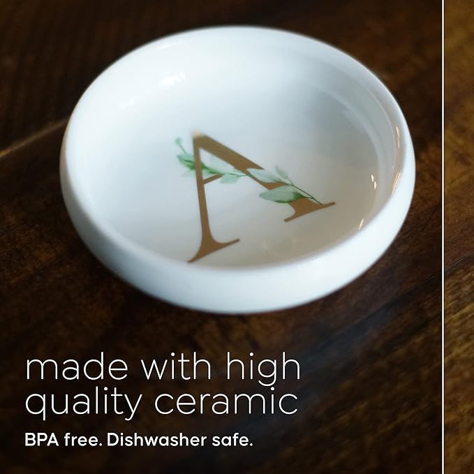 Trinket Tray Jewelry Dish with Monogrammed A in Gold Ring Holder - White Trinket Dish - Personalized Ring Dish or Jewelry Tray - Cedar & Ink (A)