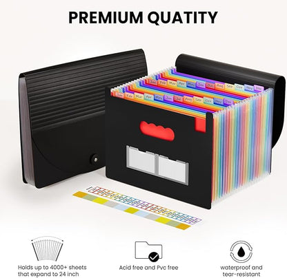 Sooez 24 Pockets Expanding File Folder with Blank Labels, According File Organizer with Expandable Cover, Desktop Accordion Folders Letter A4 Paper Document Storage Organizer, White