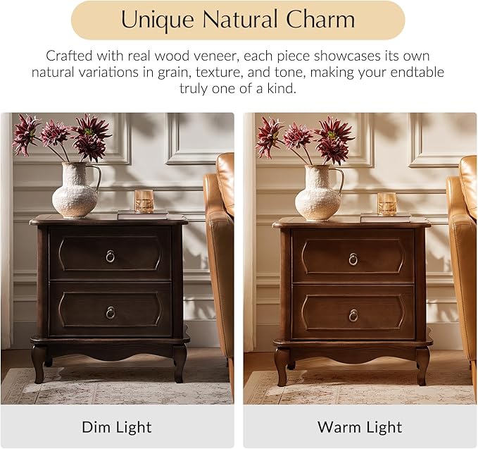 HULALA HOME Nightstand with 2 Drawers of Sculpted Drawer Front, French End Table with Curved Tabletop, Vintage Night Stand with Charging Station, Solid Wood Legs(Walnut)