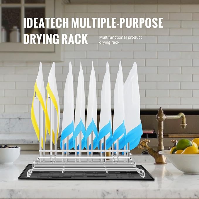 IDEATECH Reusable Bag Rack with Cup Drying Mat,Plastic Bag Dryer Rack Dish Drying,Collapsible Kitchen Counter Storage Organizer Sponge Holder,Dryer Rack for Silicone Storage Bag,Kitchen Must Have