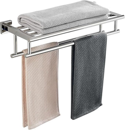 Towel Rack with Shelf 20 Inch Double Towel Racks for Bathroom Polished Chrome Bath Towel Holder SUS304 Stainless Steel Towel Rack Wall Mounted Modern Towel Hanger
