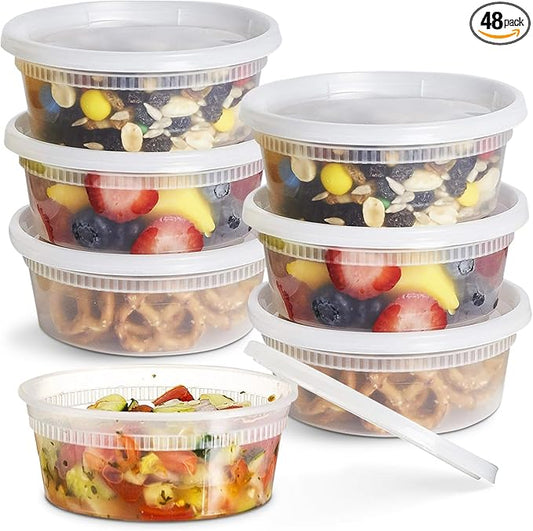 OCS Parts 48-Pack Round 8 Ounce Plastic Deli Containers with Lids | Stackable, Microwavable, Freezer and Dishwasher Safe BPA Free Food Prep and Storage Containers