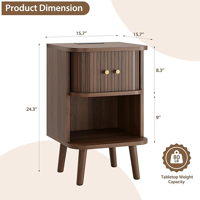 Decofy Fluted Nightstand Set of 2, Mid Century Modern Bedside Table with Charging Station, Walnut End Tables with Sliding Tambour Doors, Storage Cabinet and Open Shelf for Bedroom, Walnut