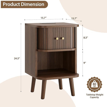 Decofy Fluted Nightstand Set of 2, Mid Century Modern Bedside Table with Charging Station, Walnut End Tables with Sliding Tambour Doors, Storage Cabinet and Open Shelf for Bedroom, Walnut