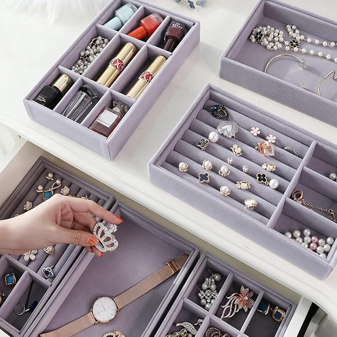 yarlung 8 Pack Velvet Jewelry Trays, Drawer Insert Jewelry Organizer Earring and Ring Storage, Divided Jewelry Holder for Bracelet Display, Necklace, Brooch, Watch