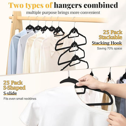 UEAKPIC Black Velvet Hangers 50 Pack, S-Shaped and Stackable Non Slip Felt Hanger with 360°Swivel Hook, Ultra Thin and Space Saving Flocked Hangers for Suits, Shirts, Coats, 15Lbs Capacity Heavy Duty