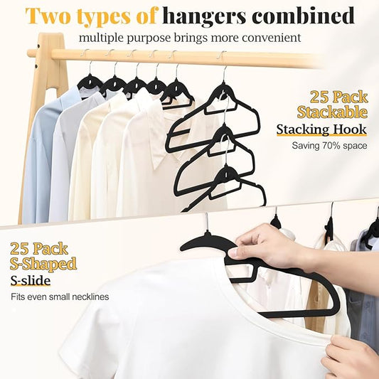 UEAKPIC Black Velvet Hangers 50 Pack, S-Shaped and Stackable Non Slip Felt Hanger with 360°Swivel Hook, Ultra Thin and Space Saving Flocked Hangers for Suits, Shirts, Coats, 15Lbs Capacity Heavy Duty