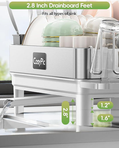 CosyPic Dish Racks, Thicker Premium 304 Stainless Steel Dish Drying Rack for Kitchen Counter, Automatic Drainage Spout, Dish Drainer & Drainboard Set with Utensil Holder and Cup Holder, White