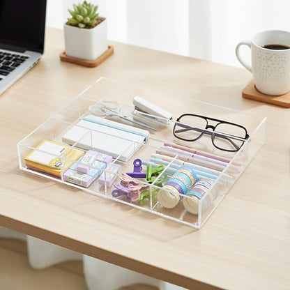 Briwooody Large Acrylic Desk Deep Drawer Organizer with Adjustable Dividers, Anti-Skip Clear Desk Top Organizer Tray for Pens, Desktop, Office, Bathroom, Kitchen, Makeup Supplies(6 Compartments)