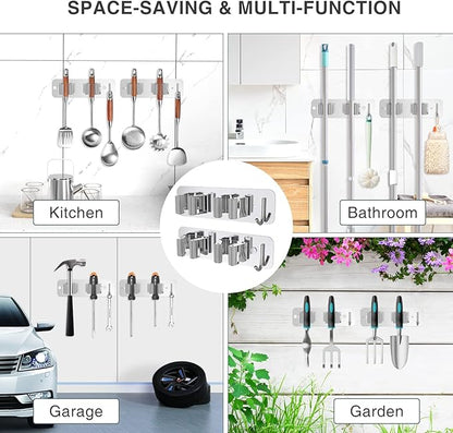 Wall Mount Mop and Broom Holder, Heavy Duty Stainless Steel Organizer Rack with Hooks | 4-Pack, 2-in-1 No Drill & Screw Installation, Silver