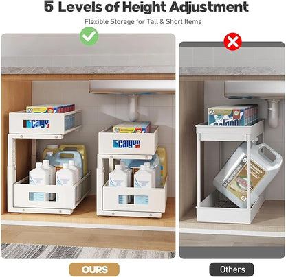 Under Sink Organizer, 2-Tier Dual Pull Out Cabinet Organizer Drawers With Smooth Circular Rail, Large Capacity Metal Mesh Sliding Shelves For Bathroom& Kitchen Storage,Height Adjustable–White,1 Pack