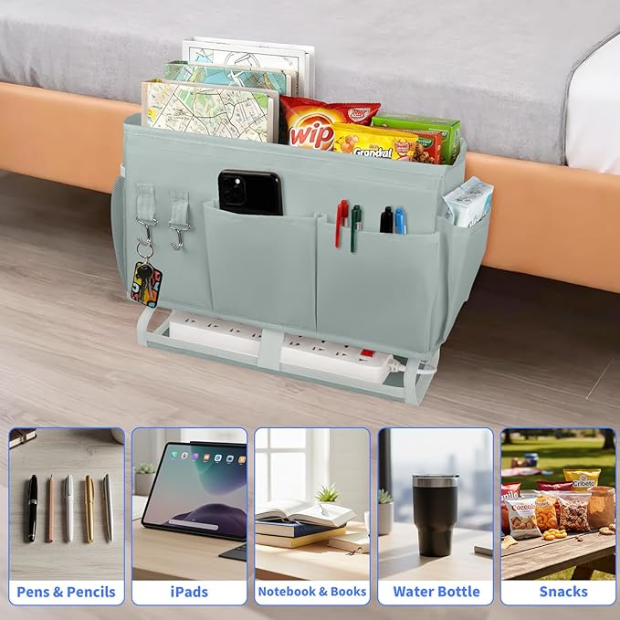 NINTHFIT Bedside Caddy for Dorm Bed Bedside Organizer, Bedside Storage with 10 Pockets and Power Strip Holder, Multifunctional Bedside Pocket for Home, College, Dorm, Bunk/Hospital/Crib Bed (Grey)