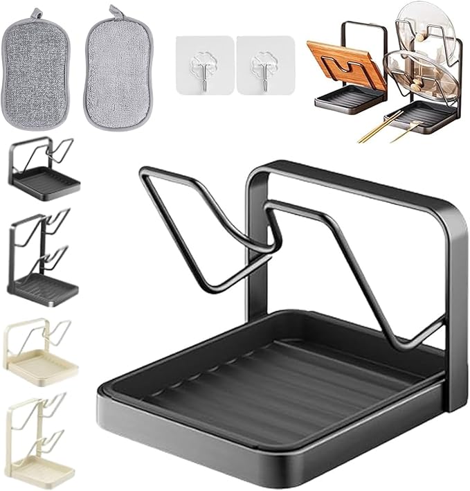 Premium 304 Stainless Steel Pot Lid Holder & Organizer – Space-Saving Rack with Removable Drip Tray for Lids & Utensils Single Layer - Black
