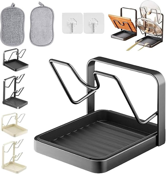 Premium 304 Stainless Steel Pot Lid Holder & Organizer – Space-Saving Rack with Removable Drip Tray for Lids & Utensils Single Layer - Black