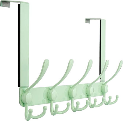 Dseap Over The Door Hook Hanger - Fits 1 3/8" to 1 3/4" Standard Doors | 5 Tri Hooks Heavy Duty Towel/Coat Rack | Door Organizer for Clothes, Jackets, Hats, Towels, Green