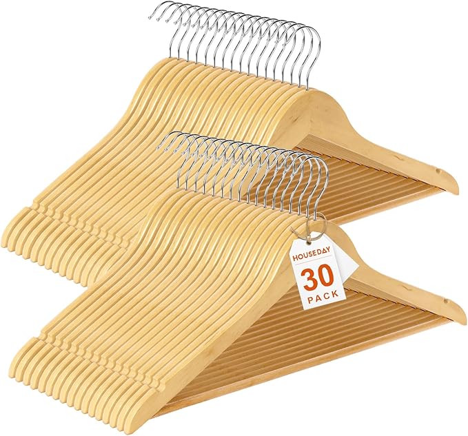 HOUSE DAY Premium Wooden Coat Hangers 30 Pack, Heavy Duty Solid Wood Clothes Hangers with 360° Swivel Hook & Pant Bar for Jackets, Dress, Shirts, Natural Wood Suit Hanger for Closet Organizer