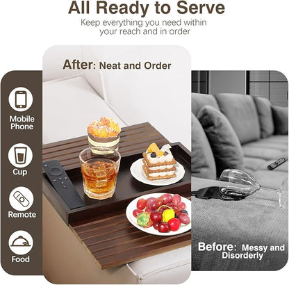 Couch Arm Tray, Bamboo Sofa Table for Couch, Sofa Armrest Tray Table, Anti-Slip Armrest Organizer, Foldable Couch Cup Holder for Snacks, Phone, Control, Cups, Brown