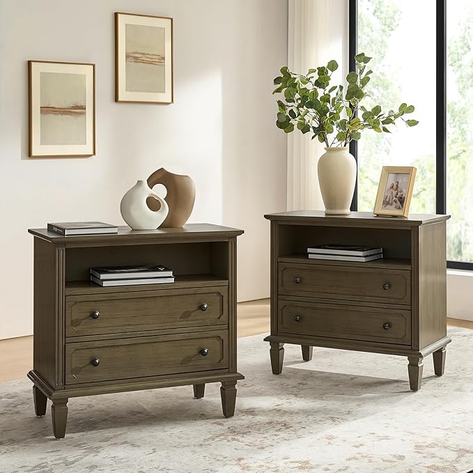 HULALA HOME Farmhouse End Table with Charging Station Set of 2, End Table with USB Ports & Outlets, Fluted Pilasters Design Side Table with Open Space and 2 Drawers Dresser for Living Room, KONA